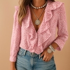 Women’s blouse with ruffles and butterfly print, lightly tailored fit, and long sleeves. Perfect for work, casual days, and formal occasions.