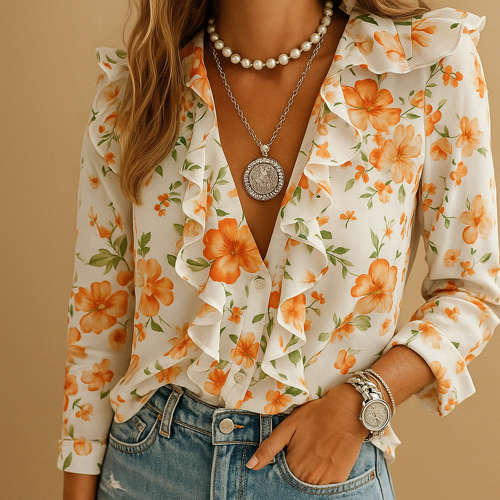 Women’s blouse with ruffles and butterfly print, lightly tailored fit, and long sleeves. Perfect for work, casual days, and formal occasions.