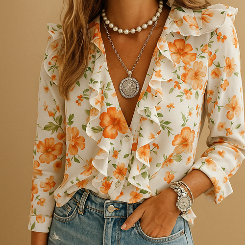 Women’s blouse with ruffles and butterfly print, lightly tailored fit, and long sleeves. Perfect for work, casual days, and formal occasions.