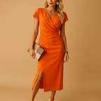 Chic midi dress for women with an elegant V-neckline and front slit, designed with a comfortable fit for daily wear, parties, or evening occasions.