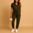 Women’s chic tailored jumpsuit with slim fit and button closure, perfect for work, social occasions, or stylish evenings out.