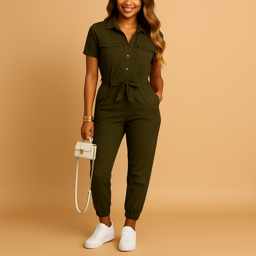 Women’s chic tailored jumpsuit with slim fit and button closure, perfect for work, social occasions, or stylish evenings out.