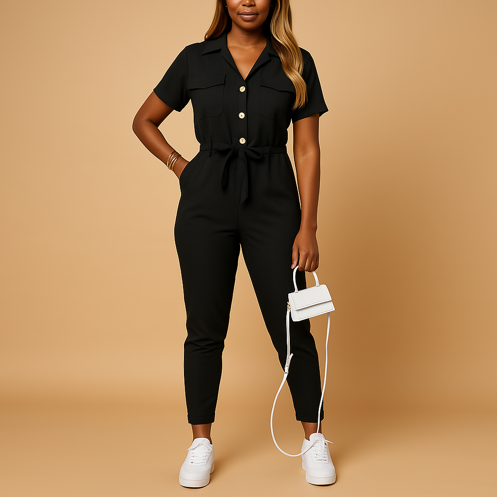 Women’s chic tailored jumpsuit with slim fit and button closure, perfect for work, social occasions, or stylish evenings out.