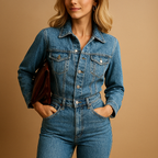 Women’s denim jumpsuit with straight leg fit and long sleeves, perfect for casual outings, daily wear, and stylish all-season looks.