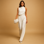 Women’s elegant halter jumpsuit with wide legs, high waist, and decorative bow detail, perfect for parties, dinners, and evening outings.