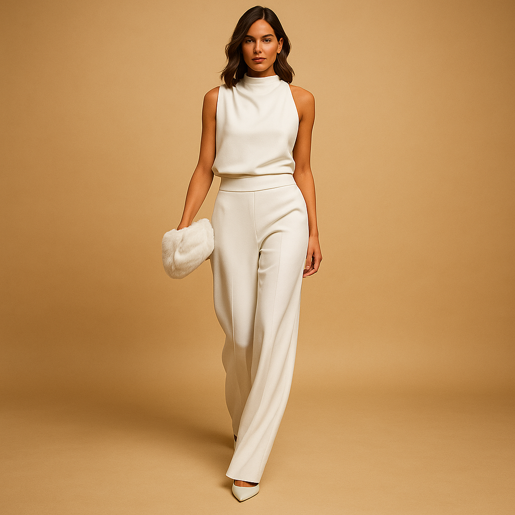 Women’s elegant halter jumpsuit with wide legs, high waist, and decorative bow detail, perfect for parties, dinners, and evening outings.