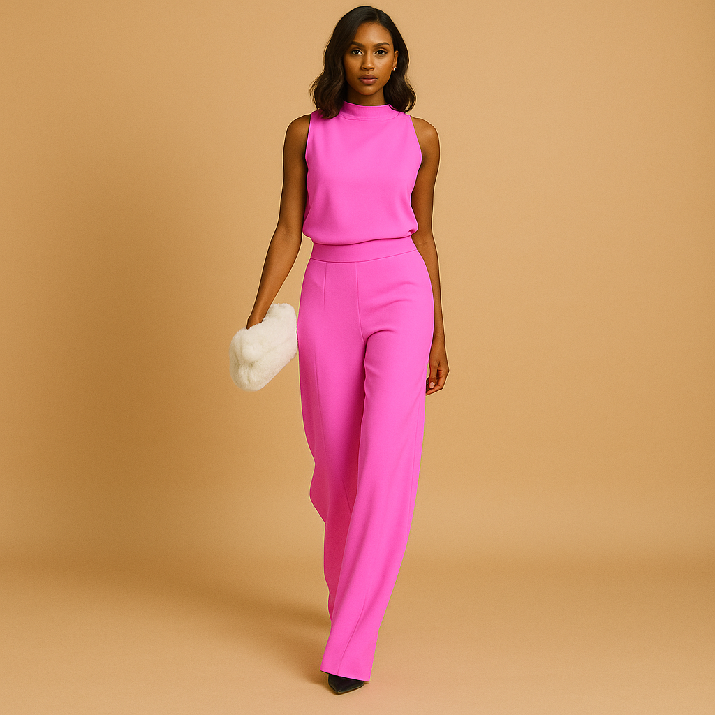 Women’s elegant halter jumpsuit with wide legs, high waist, and decorative bow detail, perfect for parties, dinners, and evening outings.
