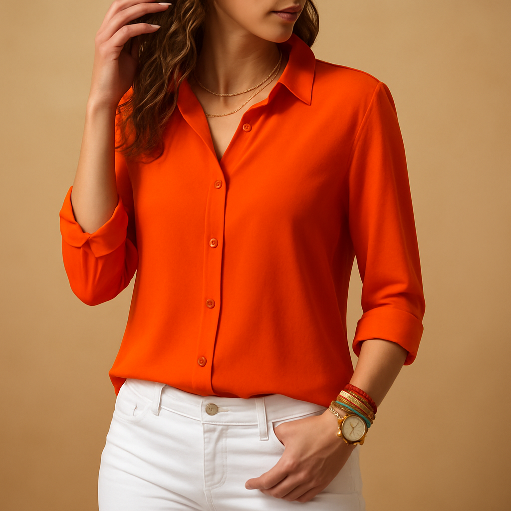 Women’s elegant long sleeve blouse with V-neck and button closure, perfect for workdays, casual outings, or evening occasions.