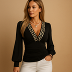 Women’s elegant long sleeve top with V-neck and fitted design, perfect for casual or semi-formal wear in any season.