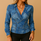 Women’s elegant long sleeve top with V-neck and fitted design, perfect for casual or semi-formal wear in any season.