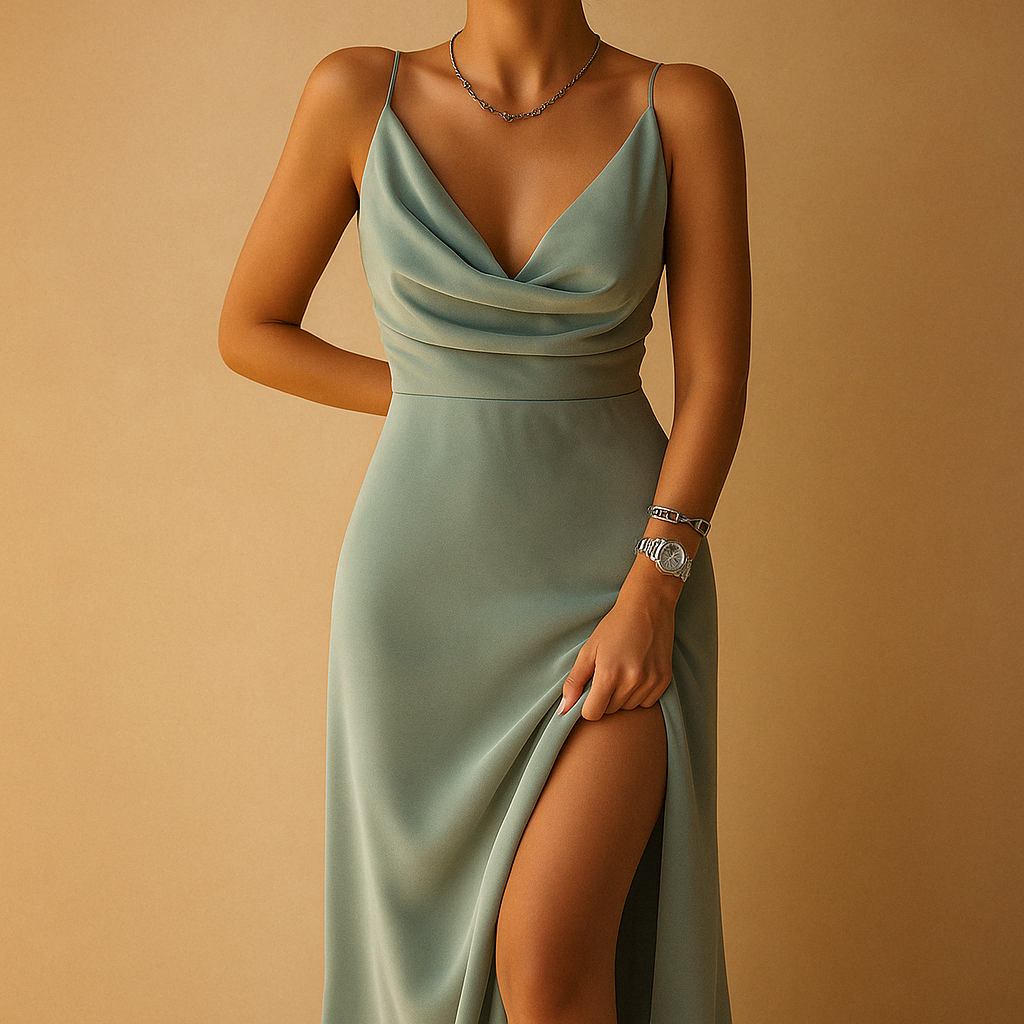 Elegant maxi dress for women with a flowing fit and V-neckline, perfect for weddings, galas, and formal occasions.