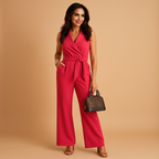 Elegant wrap jumpsuit for women with wide legs and a tailored fit, perfect for formal events, business occasions, and stylish gatherings.