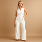 Elegant wrap jumpsuit for women with wide legs and a tailored fit, perfect for formal events, business occasions, and stylish gatherings.