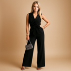 Elegant wrap jumpsuit for women with wide legs and a tailored fit, perfect for formal events, business occasions, and stylish gatherings.