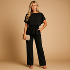 Women’s high waist jumpsuit with lace detail and flattering fit, perfect for work, evenings out, and elegant casual occasions.