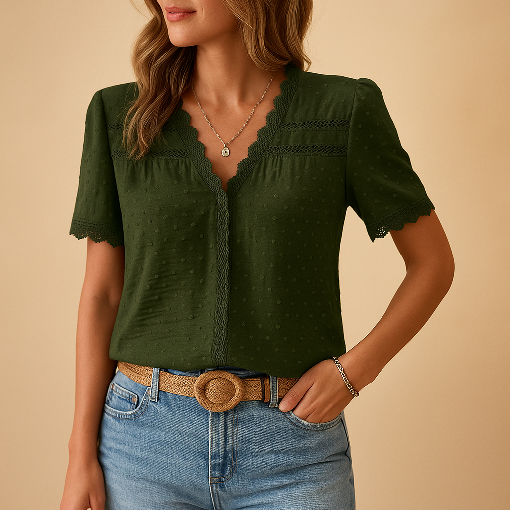 Women’s lace V-neck blouse with intricate details and flattering fit, ideal for work, evenings out, and elegant special occasions.