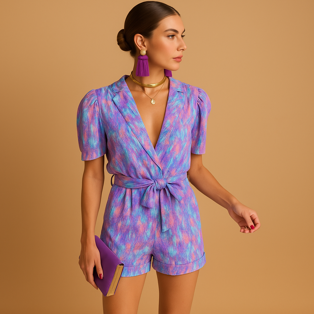 Short summer jumpsuit for women with vibrant print and belted waist, perfect for warm days, evening outings, and stylish summer occasions.