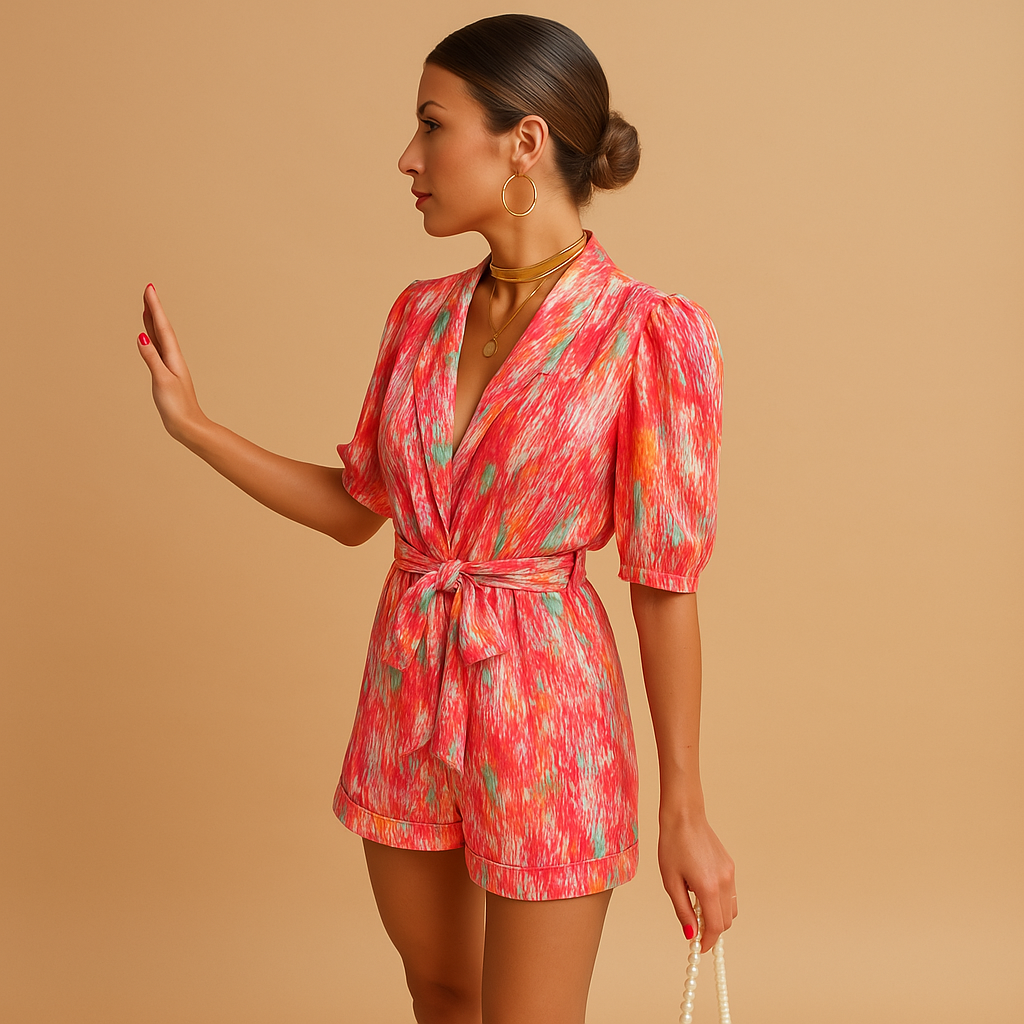 Short summer jumpsuit for women with vibrant print and belted waist, perfect for warm days, evening outings, and stylish summer occasions.