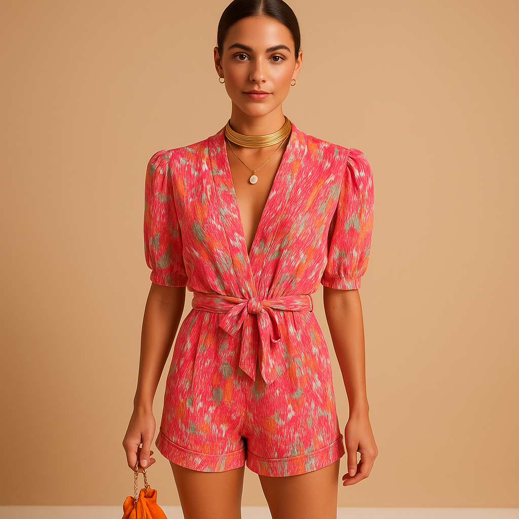 Short summer jumpsuit for women with vibrant print and belted waist, perfect for warm days, evening outings, and stylish summer occasions.