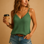 Women’s sleeveless lace V-neck top with thin straps and delicate detailing, perfect for casual wear, formal events, or layering under a blazer.