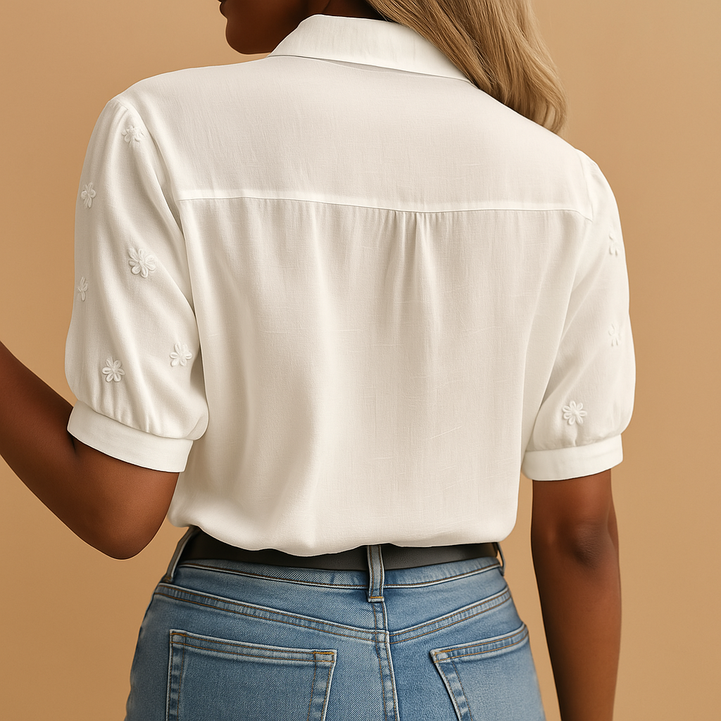 Women’s white blouse with classic collar and button-down design, perfect for work, casual outings, and stylish evening looks.