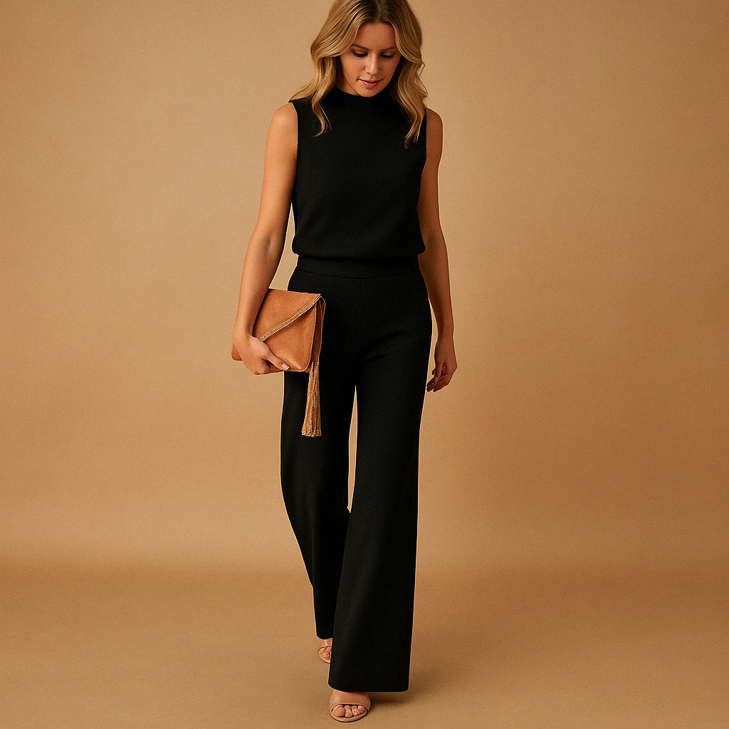 Women’s wide leg jumpsuit with round neck and mid-waist fit, perfect for work, evenings out, and elegant special occasions.