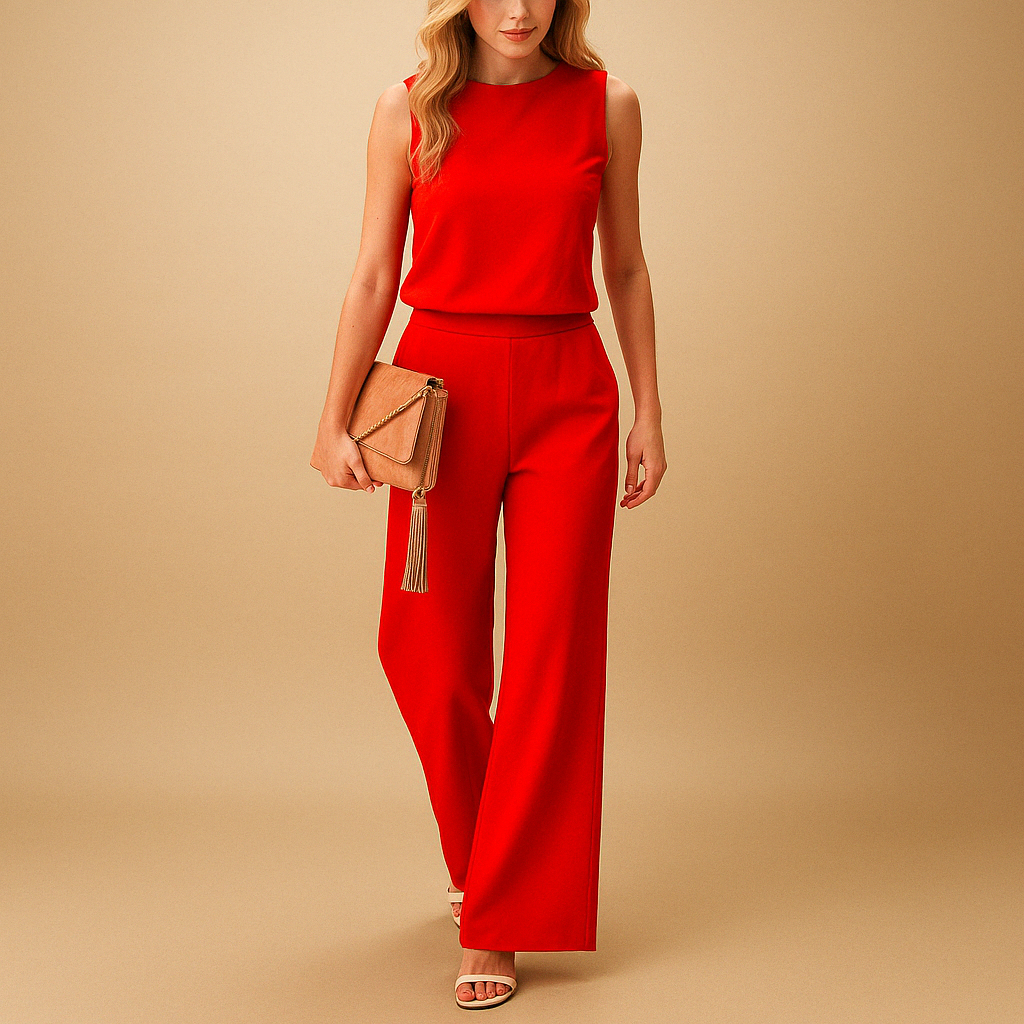 Women’s wide leg jumpsuit with round neck and mid-waist fit, perfect for work, evenings out, and elegant special occasions.