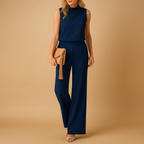 Women’s wide leg jumpsuit with round neck and mid-waist fit, perfect for work, evenings out, and elegant special occasions.