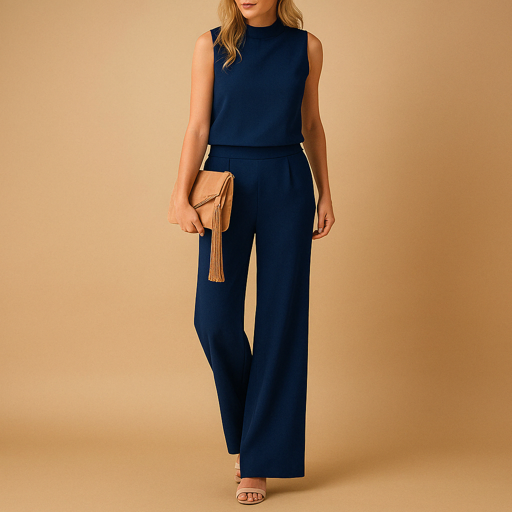 Women’s wide leg jumpsuit with round neck and mid-waist fit, perfect for work, evenings out, and elegant special occasions.